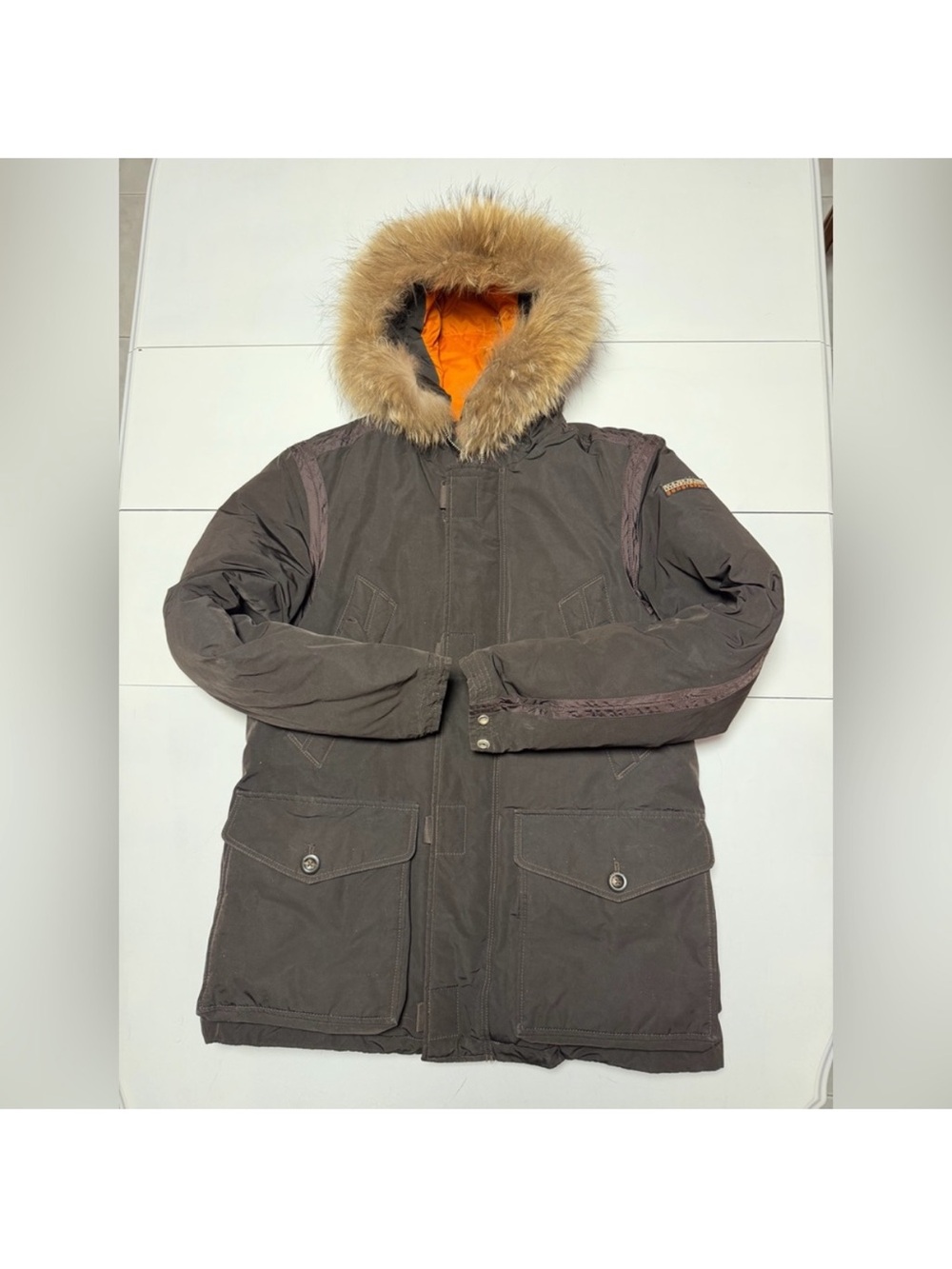 Napapijri Brown Parka Jacket with Fur-Trim Hood